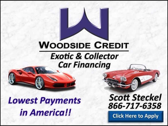 Johnston Motorsports, Woodside Credit. Image reads "Woodside Credit, Exotic & Collector Car Financing. Lowest Payments in America. Scott Steckel 816-717-6358. Click Here to Apply"